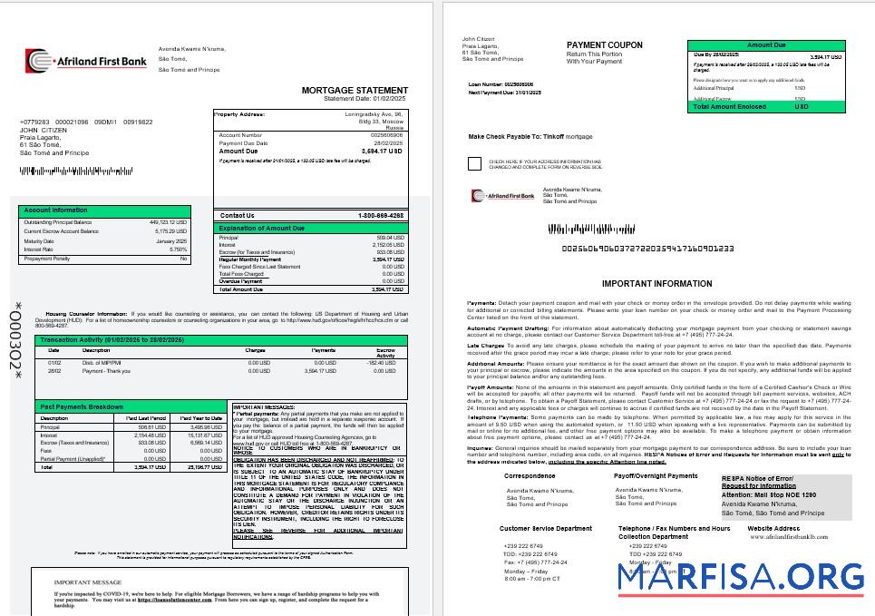 Printable Sao Tome and Principe Afriland First bank mortgage statement in Word and PDF formats 1 2 sample